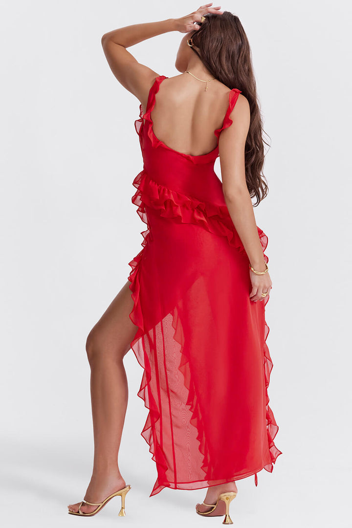 Red ruffle maxi dress